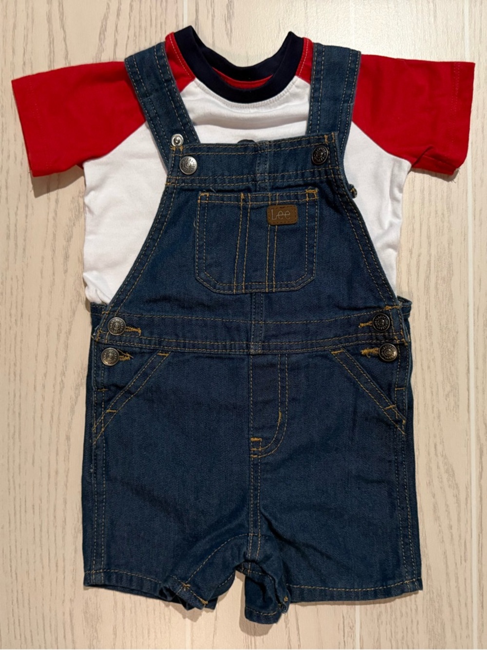 Lee Baby Boy 12M Denim Shortalls Outfit Set Red Shirt 2pc EUC